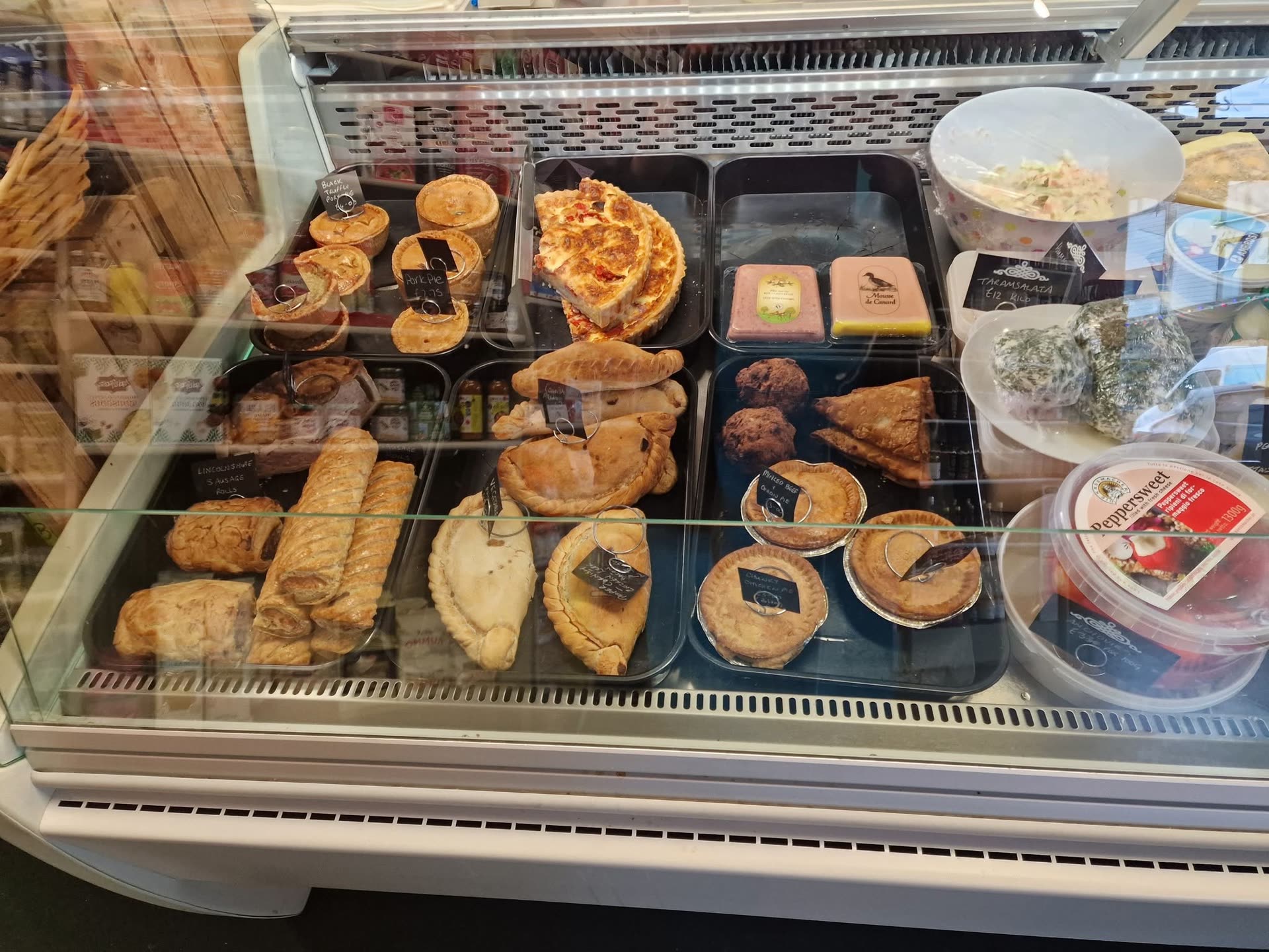 The deli counter with pasties, pies, quiches and scotch eggs